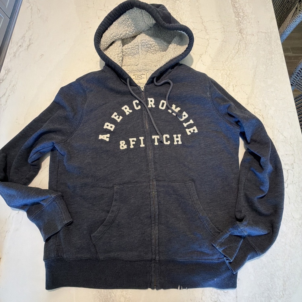 Abercrombie & Fitch Full Zip Hoodie Womens Sherpa Lined Logo Large Navy Blue
